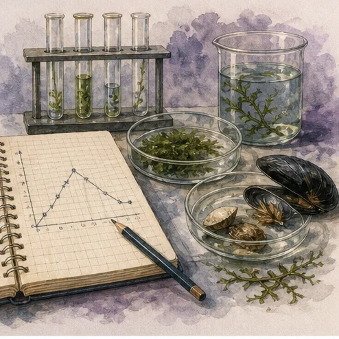 Vetenskaplig illustration av skriva laborationsrapport i biologi.
