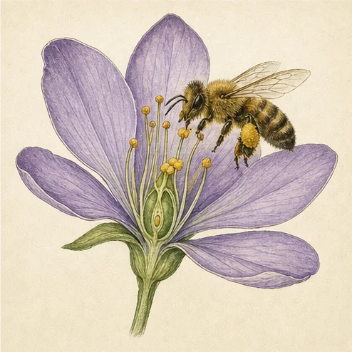 Vetenskaplig illustration av blommor och pollinering.