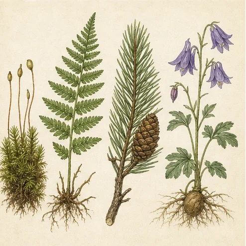 Vetenskaplig illustration av mossor, ormbunkar och fröväxter.