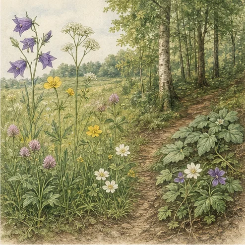 Vetenskaplig illustration av svenska vilda växter.