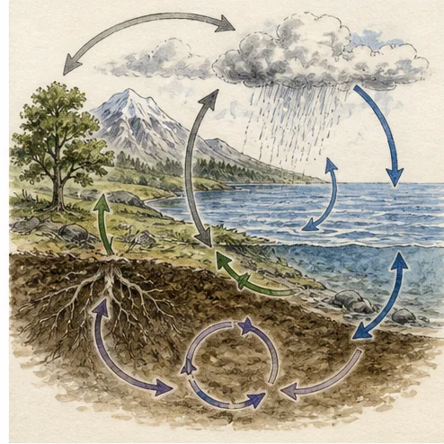 Vetenskaplig illustration av kretslopp i naturen.