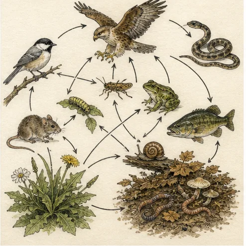 Vetenskaplig illustration av näringskedjor.