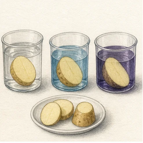 Vetenskaplig illustration av osmos i potatis.