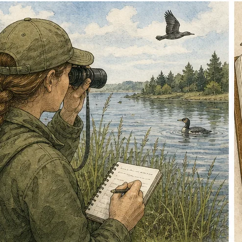 Vetenskaplig illustration av fågelskådning för biologi.