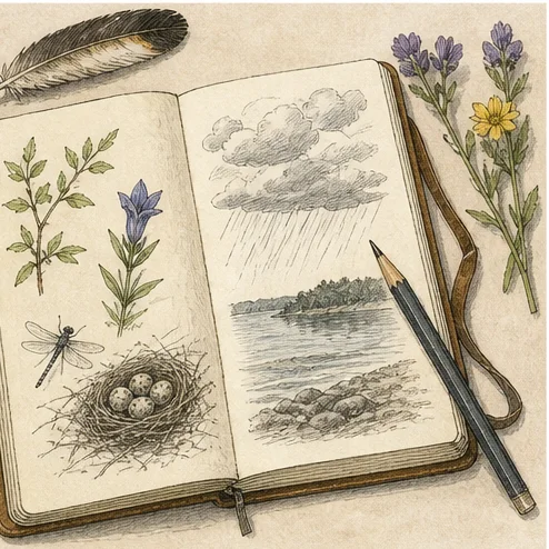 Vetenskaplig illustration av fältdagbok i biologi.