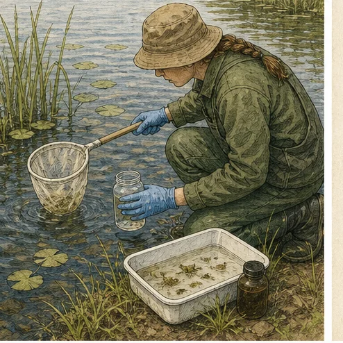 Vetenskaplig illustration av vattenprov i biologi.