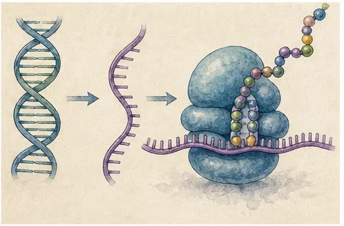 Vetenskaplig illustration av proteinsyntes.