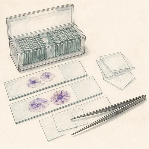 Vetenskaplig illustration av objektglas och täckglas.