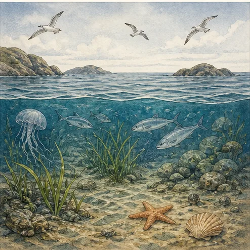 Vetenskaplig illustration av marina ekosystem.