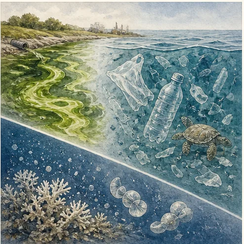 Vetenskaplig illustration av hot mot havet.