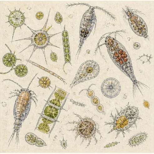 Vetenskaplig illustration av plankton.